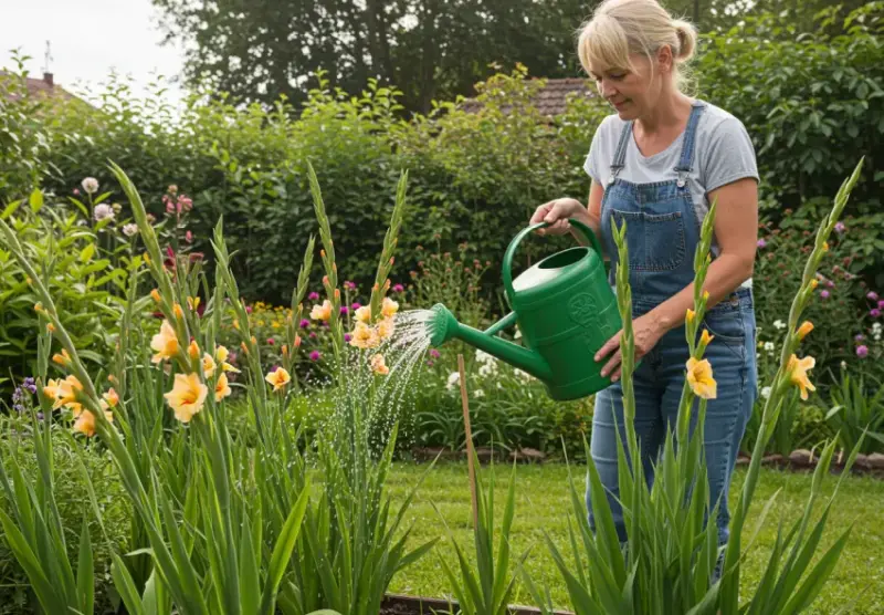 Жінка поливає гладіолуси в саду з лійки