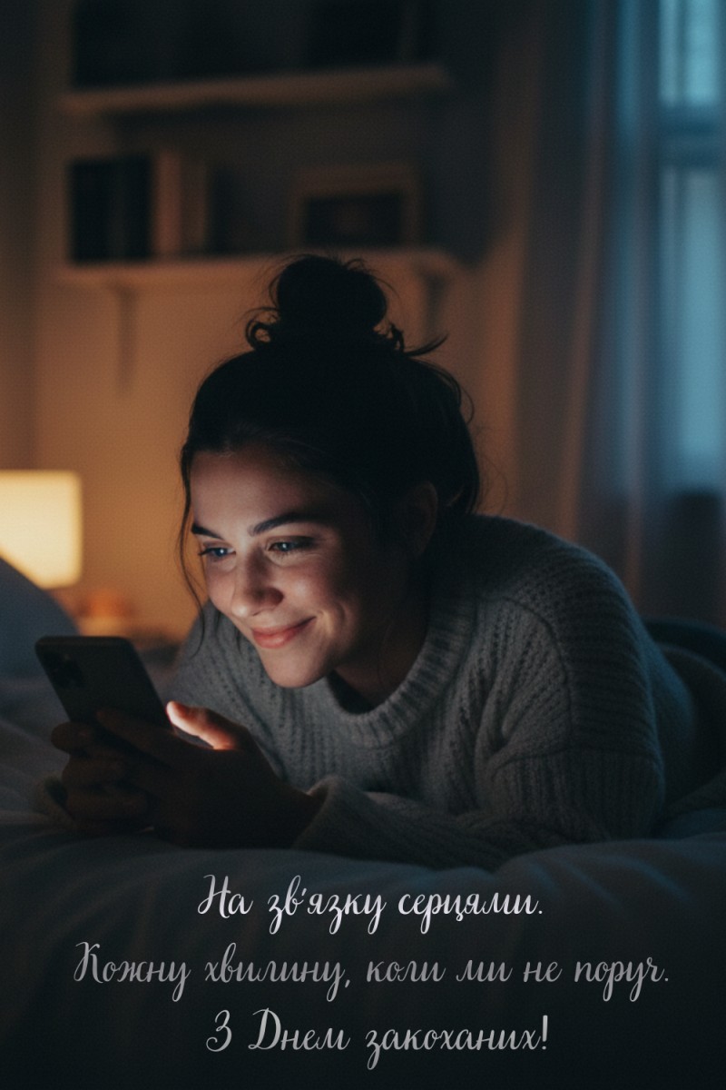 Дівчина лежить у ліжку ввечері та посміхається, дивлячись у смартфон, з написом про зв'язок серцями на відстані
