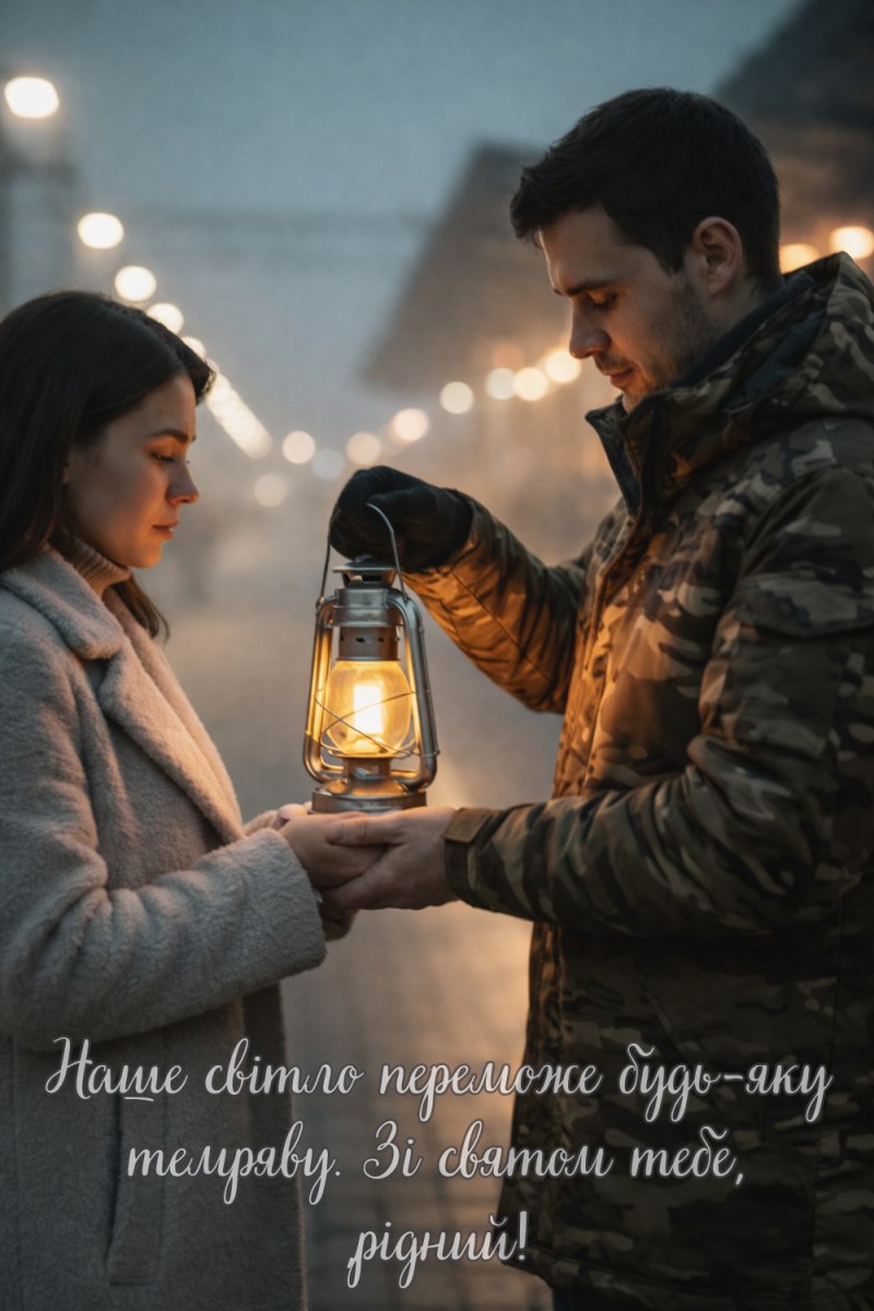 Дівчина в пальто і чоловік у камуфляжі тримають ліхтар