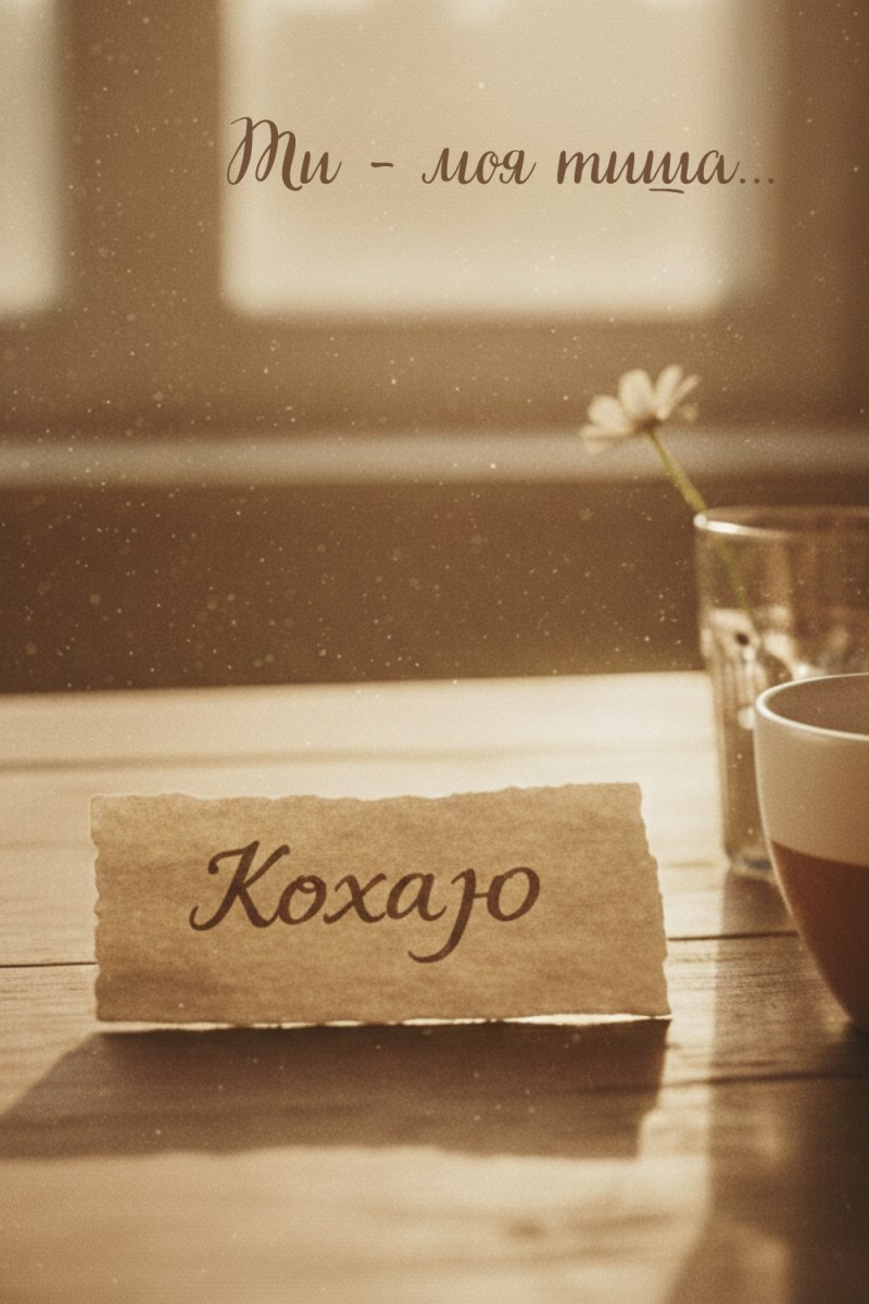 Естетичне фото ранкового столу з квітами та запискою, на якій написано «Кохаю» на фоні сонячного світла з вікна