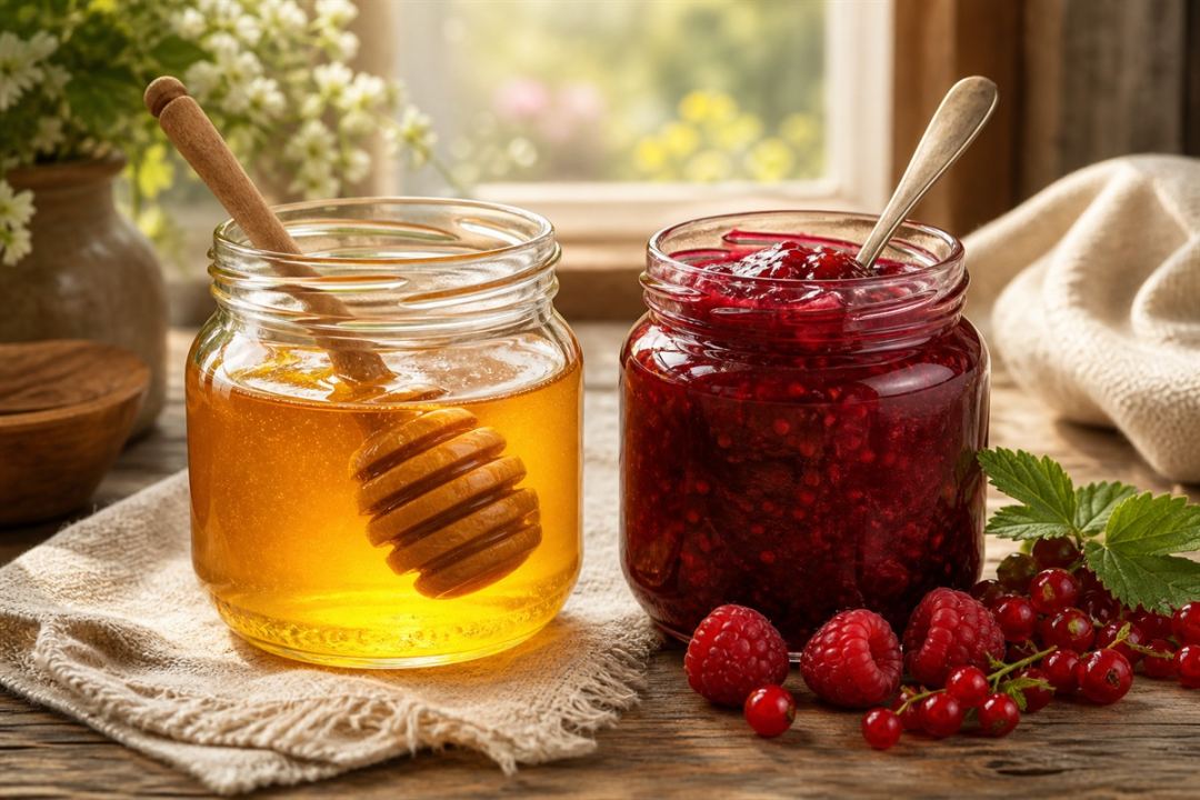 Мед у кулінарії - маринади, соуси, десерти, сир і hot honey мед чи варення - ложка меду й порція ягідного варення поруч для порівняння цукрів