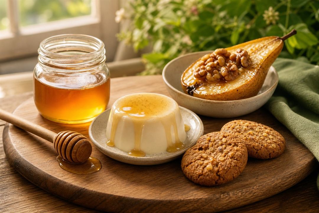 Мед у кулінарії - маринади, соуси, десерти, сир і hot honey мед у десертах - йогурт, запечена груша і домашнє печиво з медом