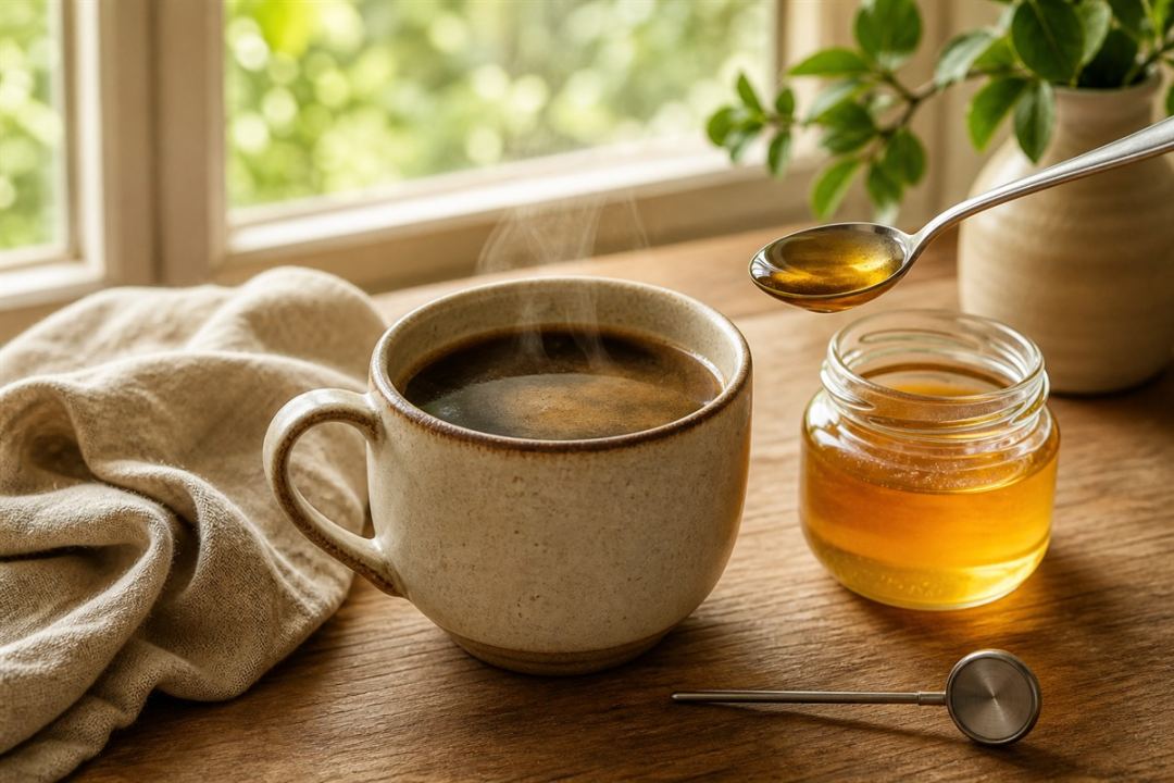 Напої з медом - кава, молоко, лимон, шипшина, смузі і медовуха мед у каву - ложка меду над чашкою теплого напою