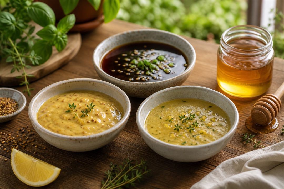 Мед у кулінарії - маринади, соуси, десерти, сир і hot honey мед у соусах - гірчично-медовий, соєво-медовий і цитрусовий у мисочках