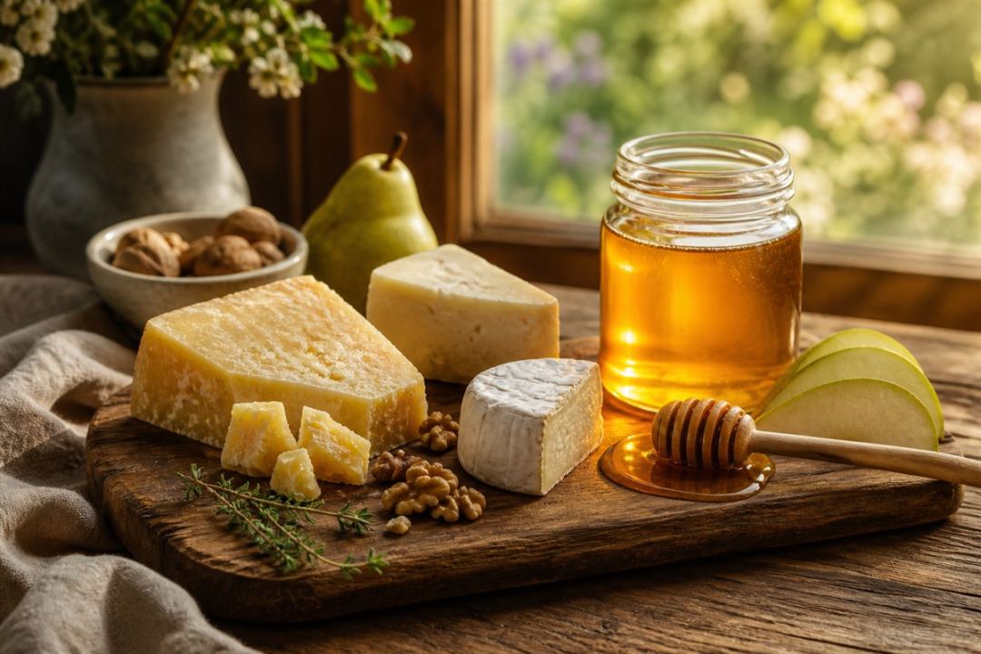 Мед у кулінарії - маринади, соуси, десерти, сир і hot honey мед з сиром на сирній тарілці з м'якими, твердими та блакитними сирами