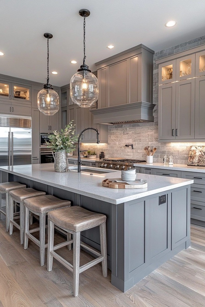 Сучасна сіра кухня в стилі неокласика з великим кухонним островом, мармуровими стільницями та елегантними скляними вітринами з підсвіткою