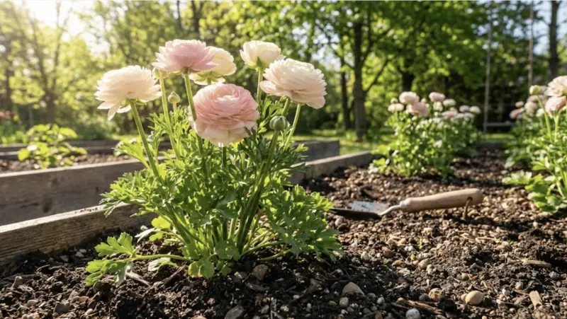 Пишний букет з ранункулюсів різних відтінків: рожевих, білих, жовтих та помаранчевих, у скляній вазі на тлі вікна