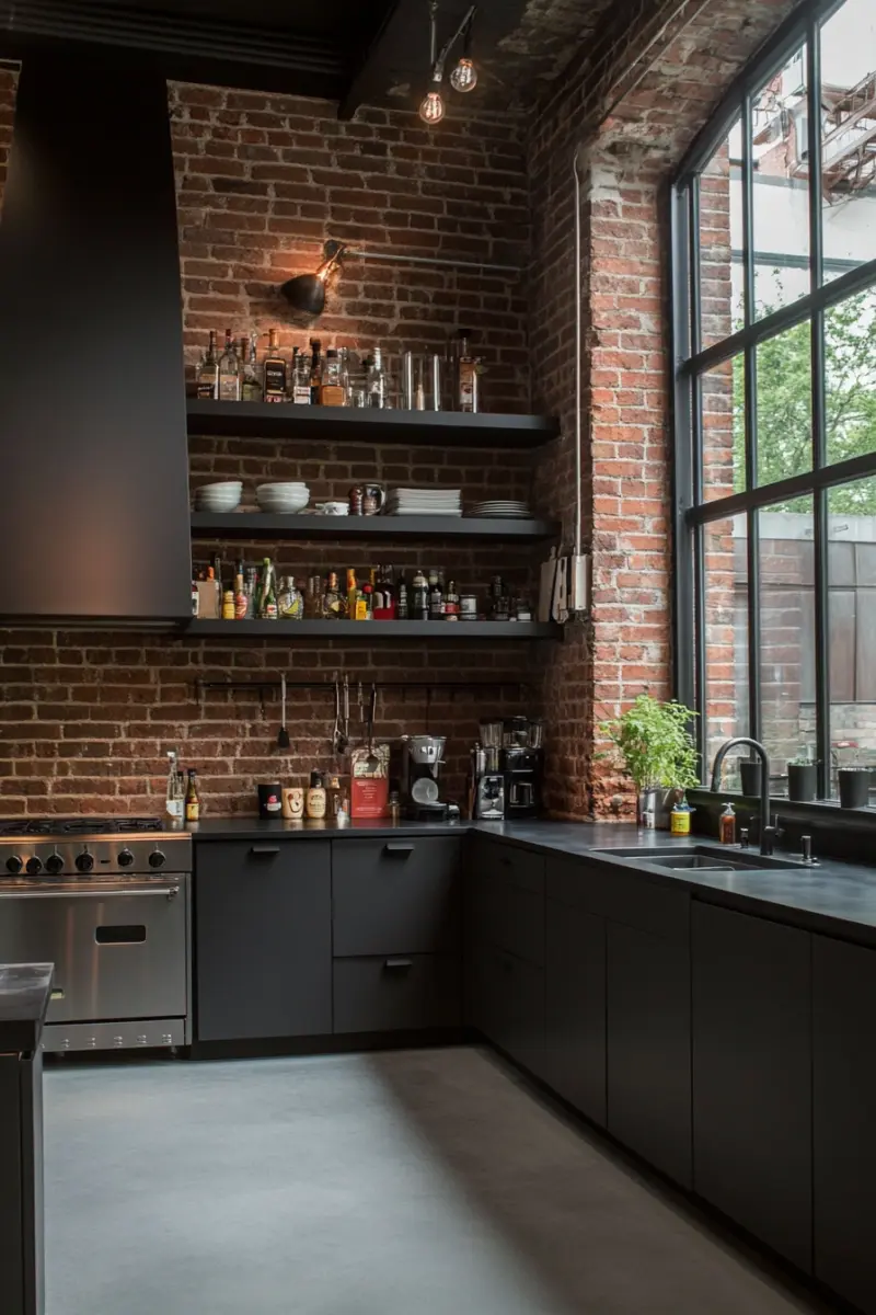 Кухня в стилі лофт з матовими антрацитовими фасадами, відкритою цегляною стіною червоного кольору та високим панорамним вікном 