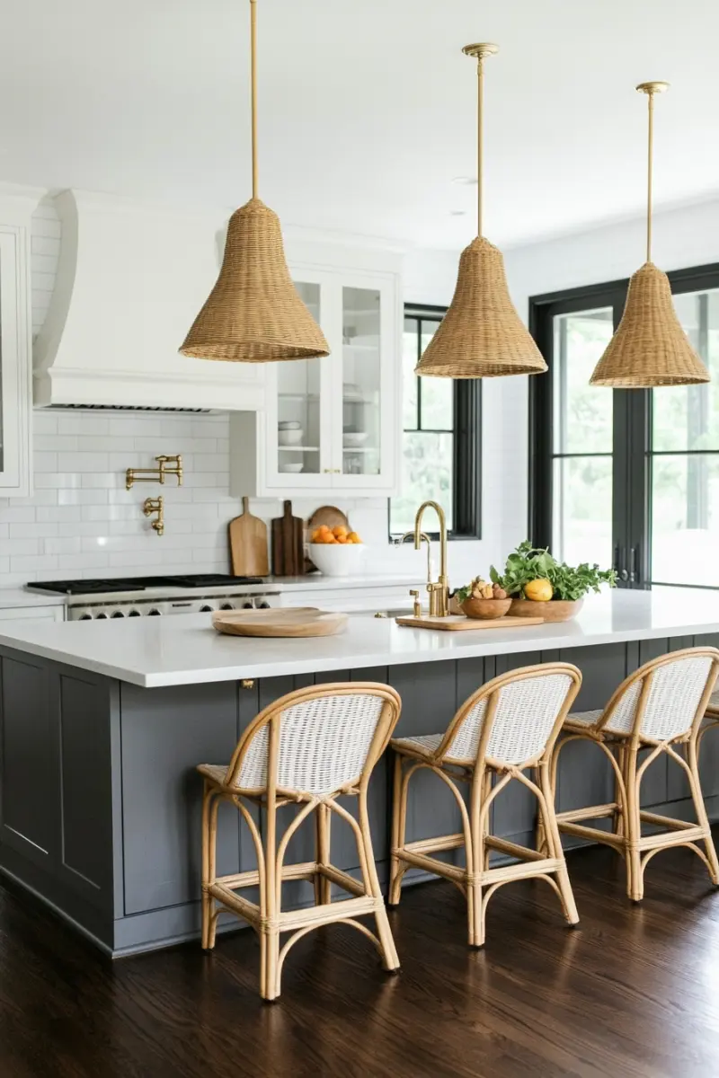 Кухня з островом графітового кольору з білою стільницею, плетеними ротанговими стільцями та великими підвісними лампами