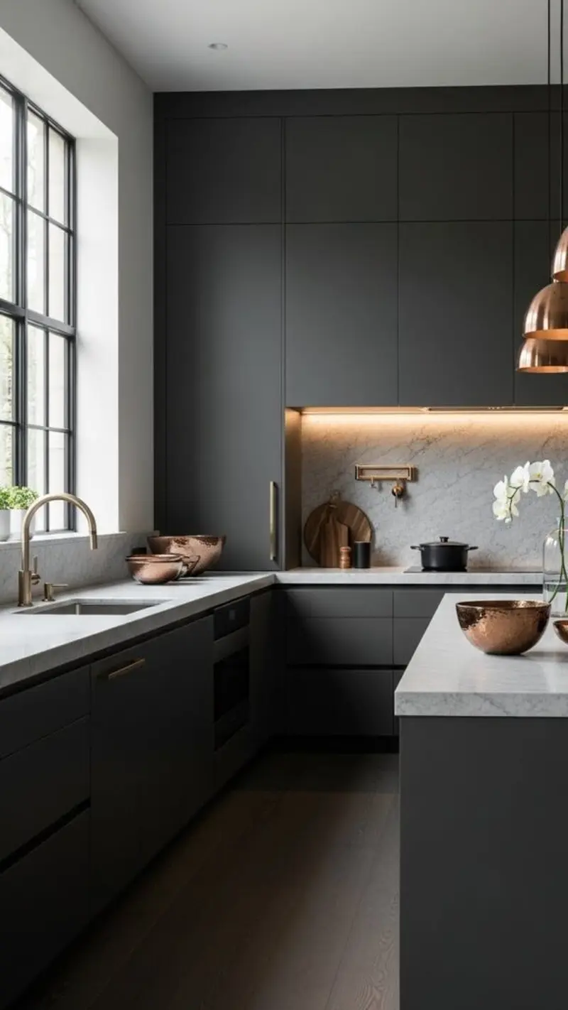 Кухня з матовими темно-сірими фасадами, доповнена фартухом та стільницею з білого мармуру з латунними акцентами