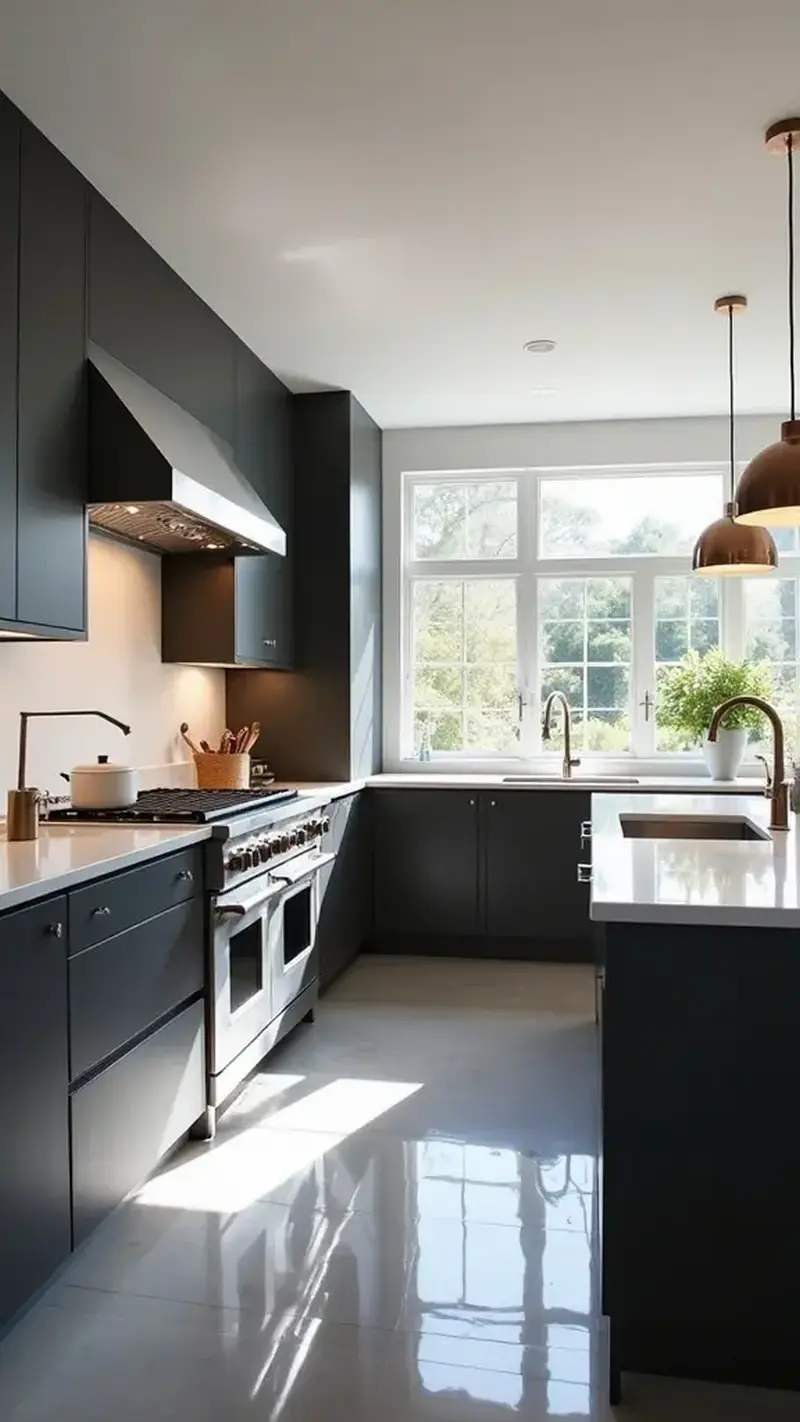 Сучасна мінімалістична кухня з гладкими сірими фасадами, вбудованою побутовою технікою та монолітною білою стільницею