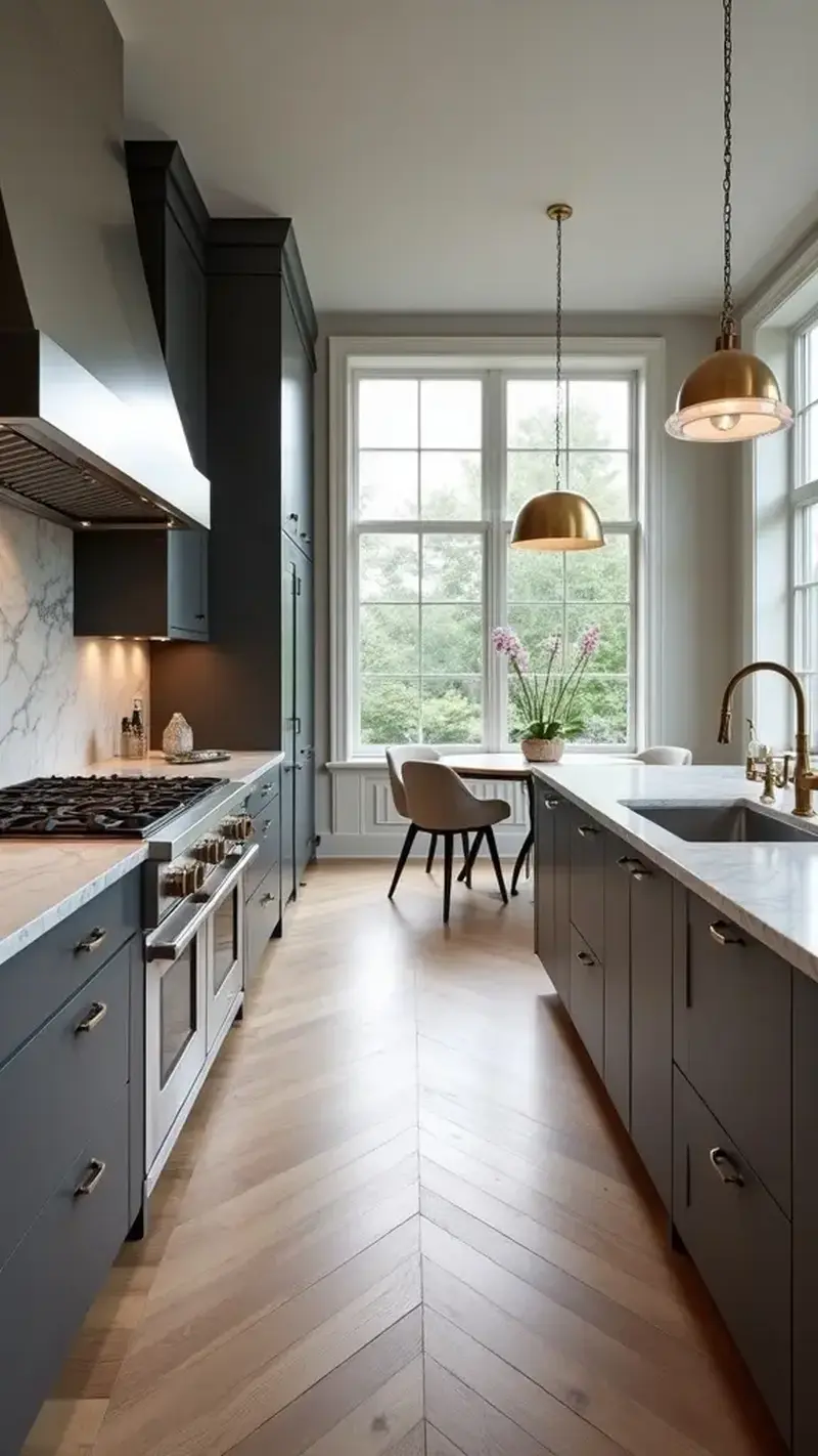 Сучасна кухня з темними графітовими фасадами, білим мармуровим фартухом та підлогою, викладеною паркетом. Основне освітлення доповнене підсвіткою робочої зони