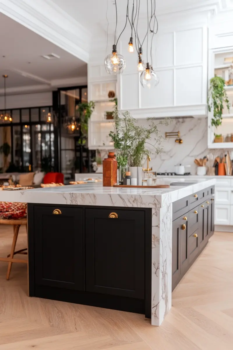 Велика відкрита кухня з масивним темно-сірим островом, обладнаним товстою мармуровою стільницею