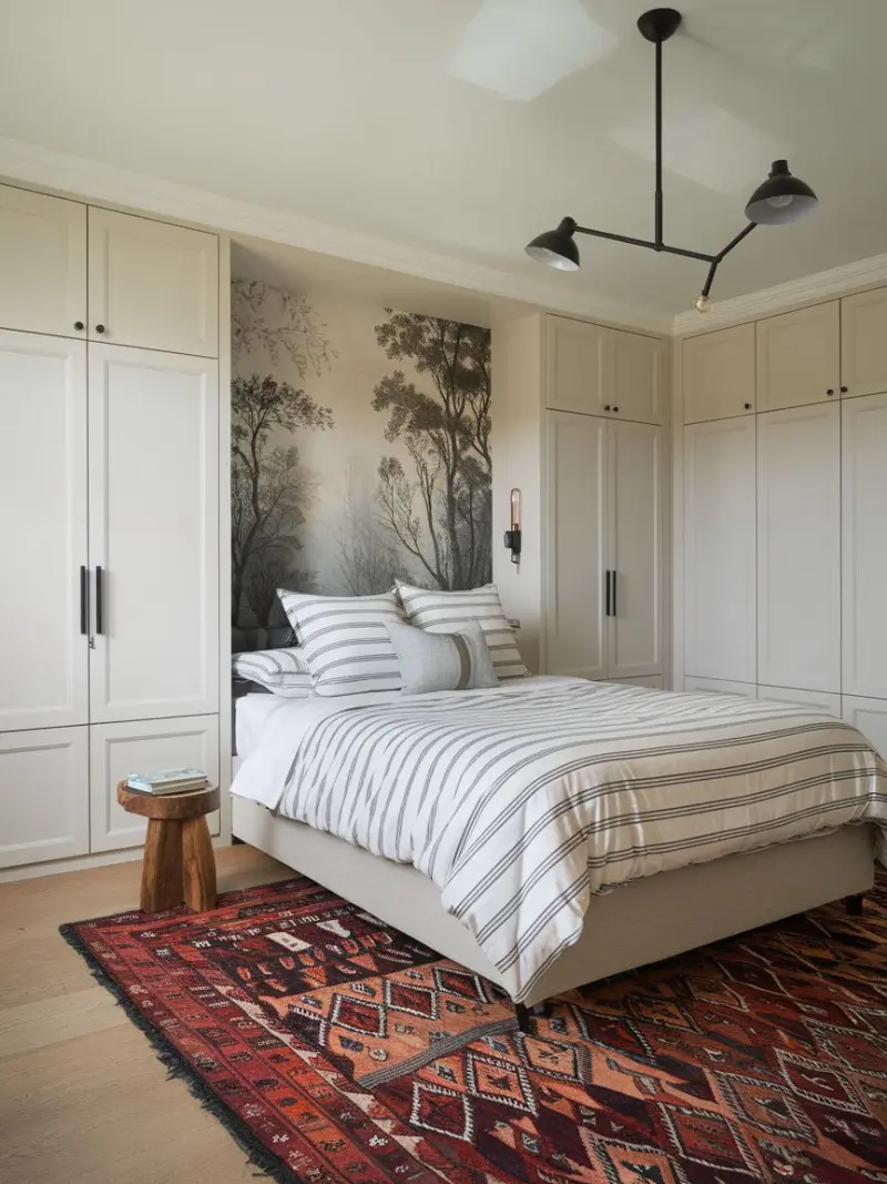 Сучасна світла спальня з фотошпалерами у сіро-чорних тонах на стіні за ліжком та високими шафами по периметру