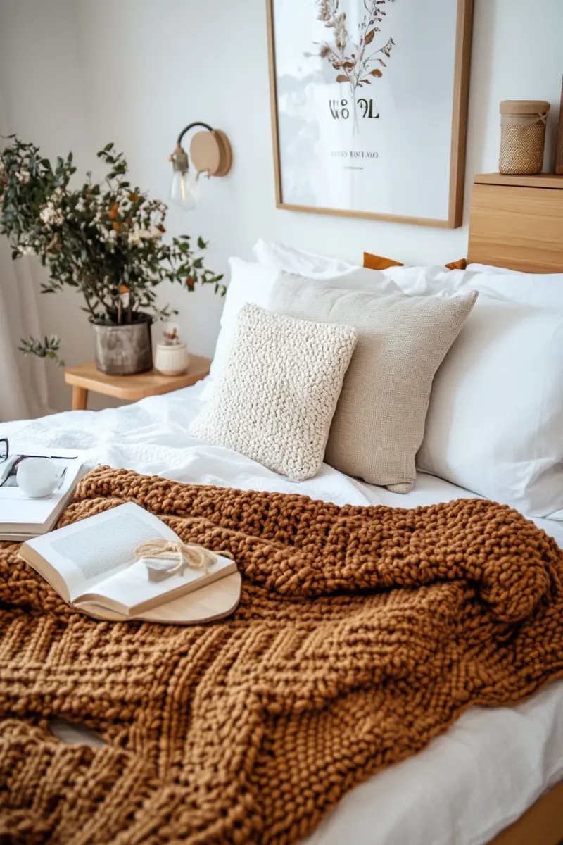 Подушки у наволочках з різною текстурою та грубий в'язаний плед теракотового кольору на ліжку у спальні теплих натуральних тонів