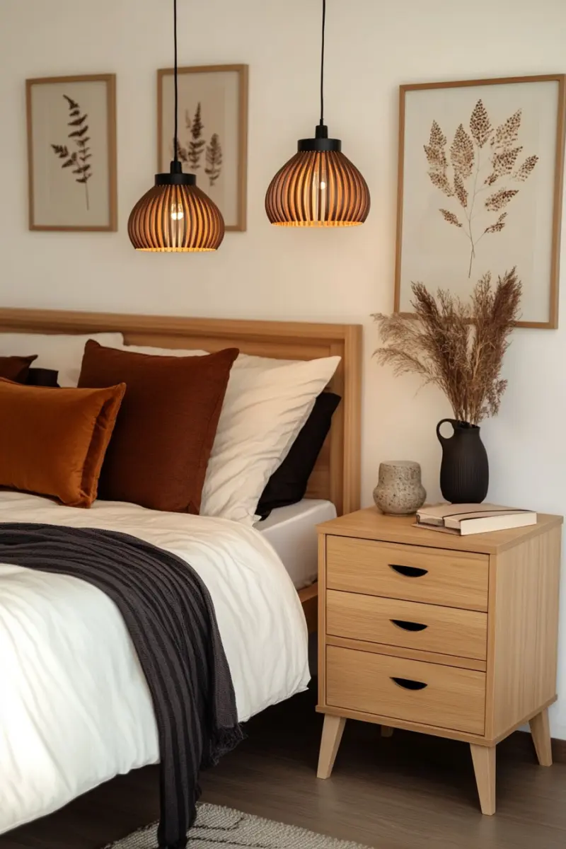 Світлий інтер’єр спальні з яскравими подушками та лампами на фоні нейтральних стін