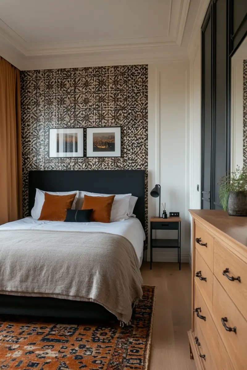 Насичені кольори геометричного візерунку шпалер на акцентній стіні, світлі дерев'яні меблі, темне узголів'я ліжка та яскраві деталі 