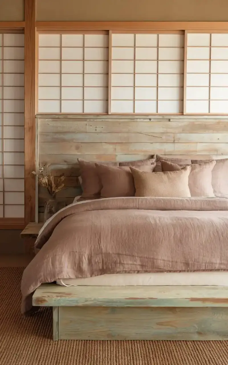 Спальня в трендовому стилі джапанді з різними текстурами дерева та натуральним текстилем