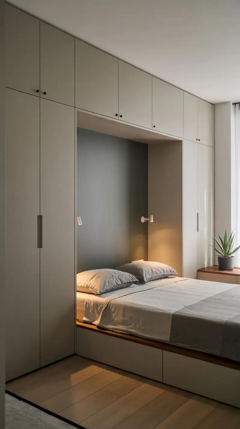 Підсвітка узголів'я ліжка у ніші, сформованій високими шафами дод стелі