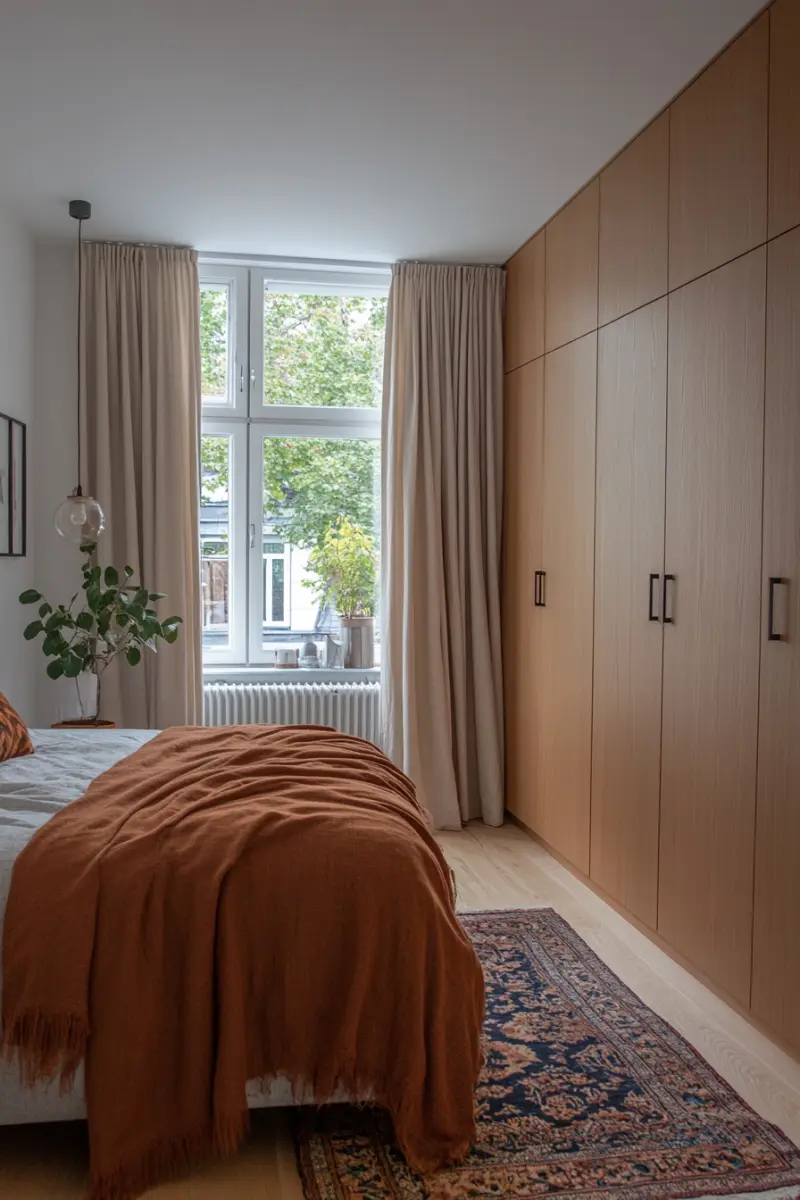 Велика окрема шафа з класичними дверцятами та дзеркальними вставками у світлій спальні 