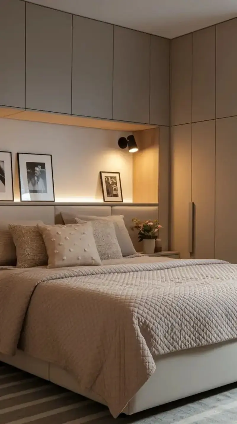 Спальня з меблевою конструкцією із закритих секцій та відкритої полиці