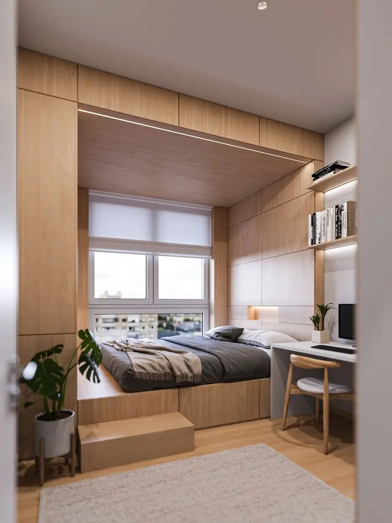 Шафи та ящики зі світлого дерева навколо вікна, ліжко у ніші, відкриті полиці та робочий стіл