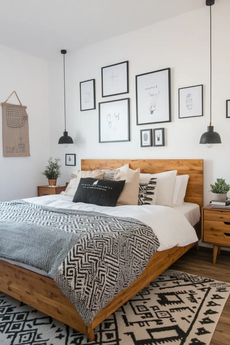 Чорно-білий килим з геометричними візерунками під дерев'яним ліжком зі схожим пледом у світлій спальні з чорними акцентами