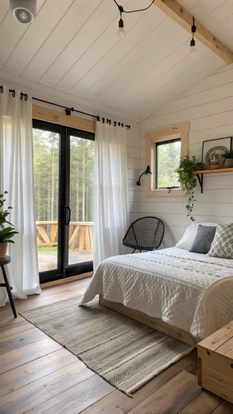 Світла спальня в заміському стилі зі стінами з білої вагонки, великими скляними дверима на терасу та бежевим текстилем