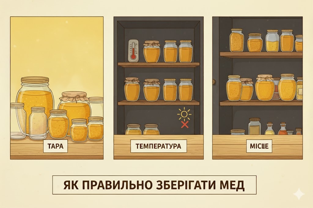 Як зберігати мед вдома - температура, тара, холодильник і сезонні поради як зберігати мед вдома - скляні банки з медом у шафі