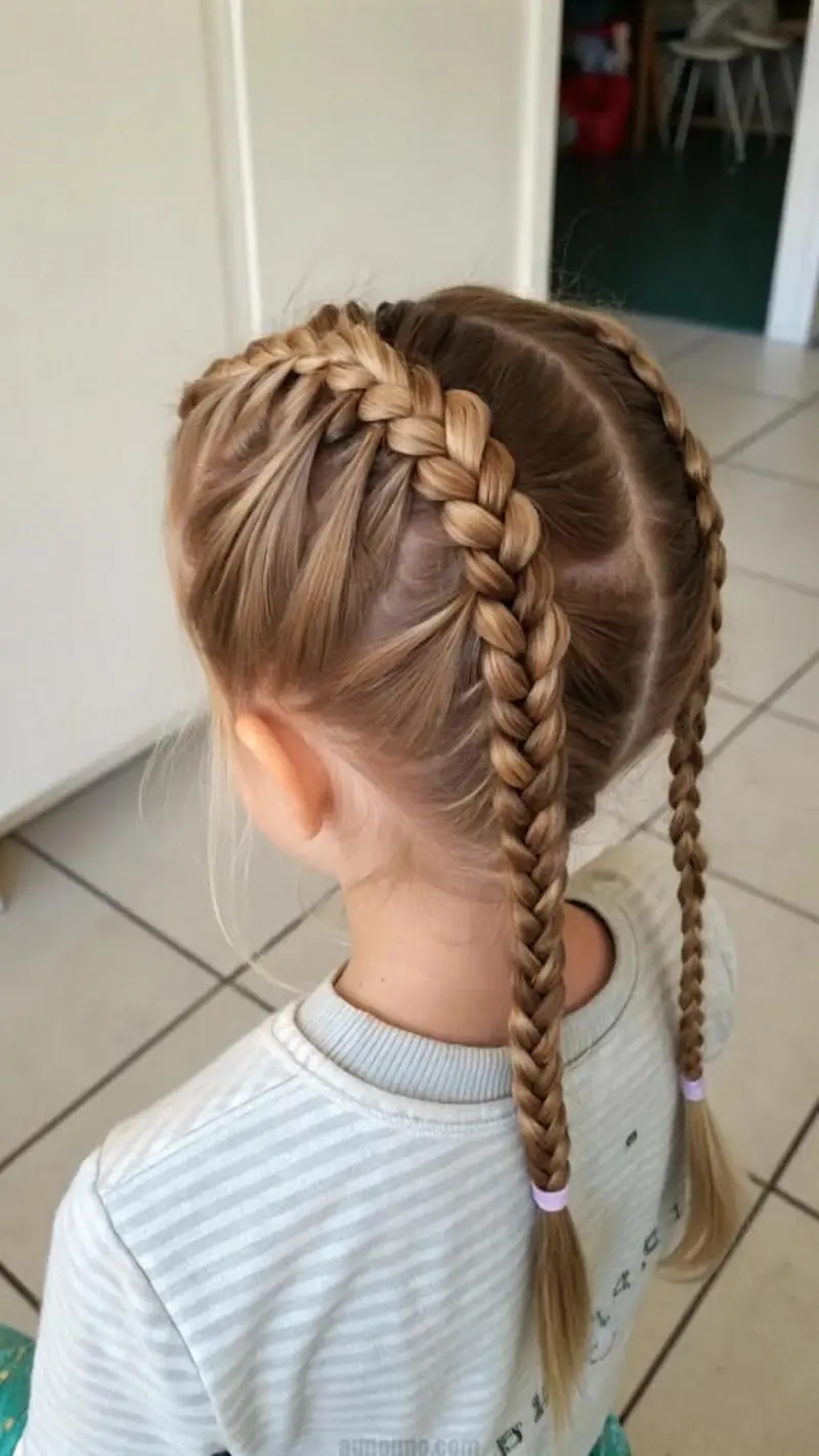 Дві французькі косички на світло-русявому волоссі, зафіксовані звичайними резинками