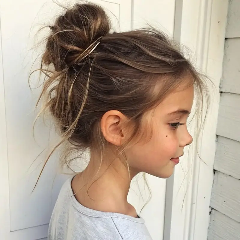 Високий об’ємний пучок на потилиці з навмисно випущеними тонкими пасмами для створення ефекту легкої недбалості