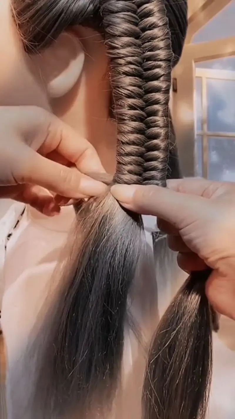 Процес плетіння фактурної коси "риб’ячий хвіст" з чітким дрібним візерунком