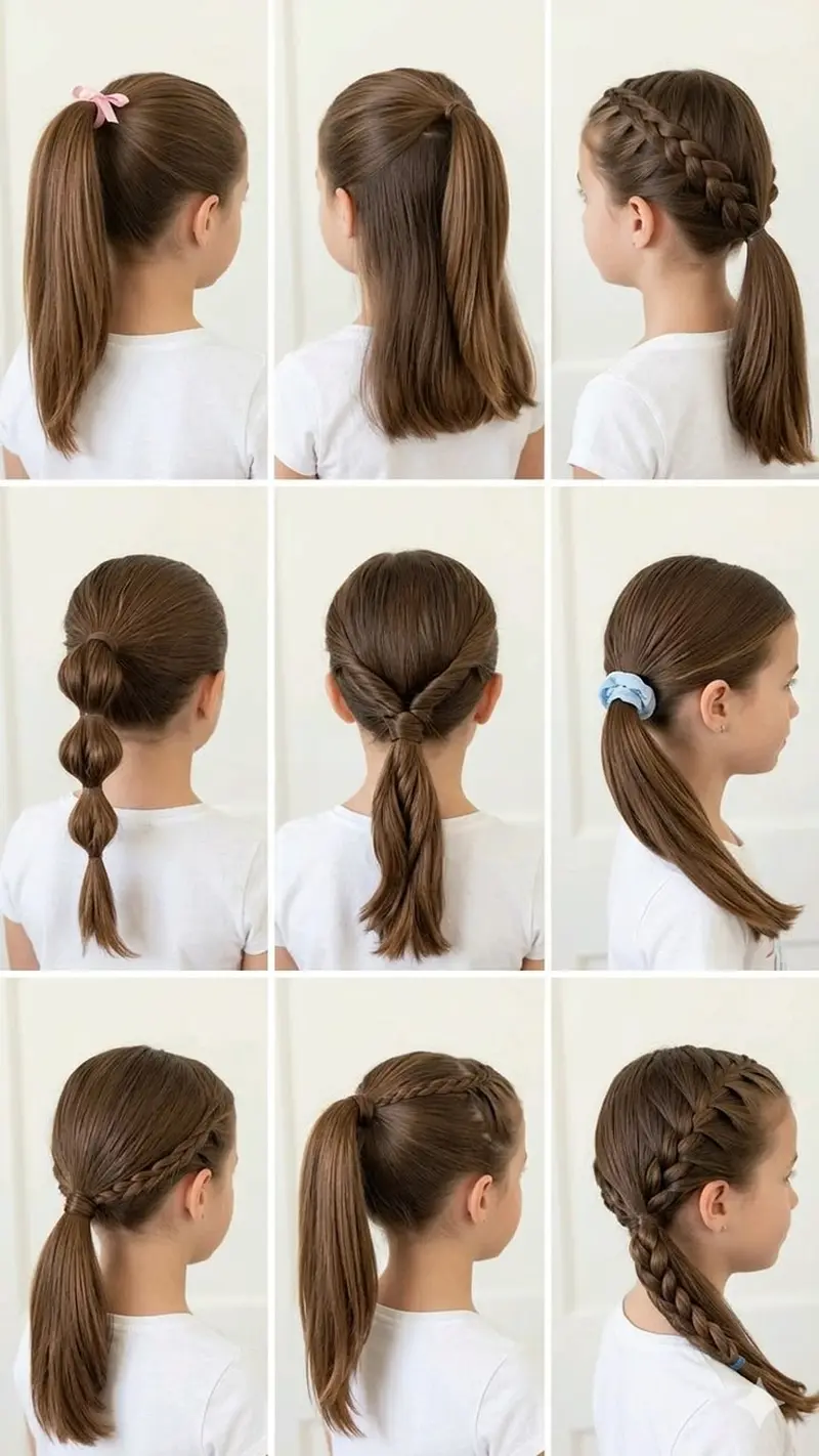 Колаж із дев’яти фотографій, що демонструють різноманітні техніки плетіння та збирання довгого волосся